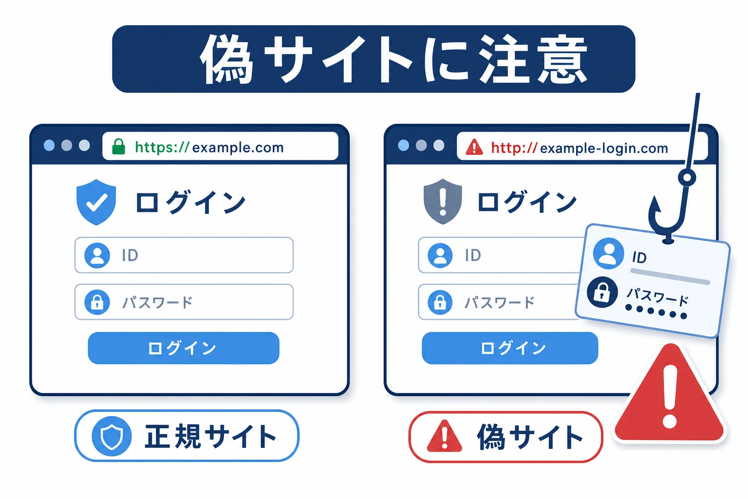 偽のログイン画面にIDとパスワードを入力しないよう注意を促す概念図