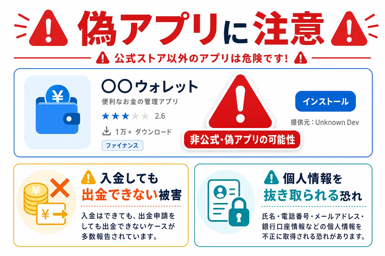 アプリストアの非公式アプリは入金しても出金できない・個人情報を抜き取られる恐れがあるという偽アプリ警告の図