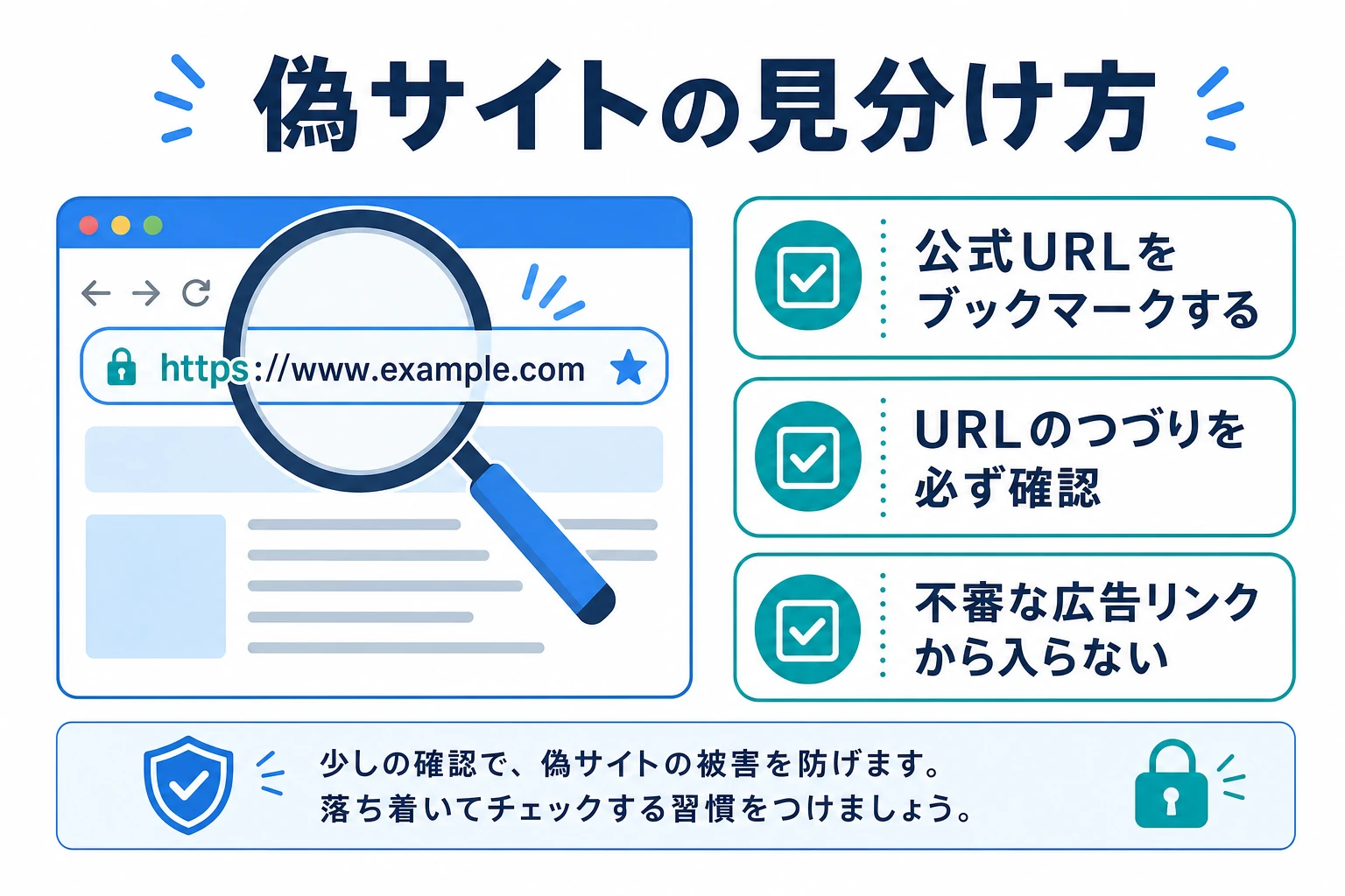 公式URLをブックマークする・つづりを確認する・不審な広告リンクから入らないという偽サイトの見分け方チェックリストの図