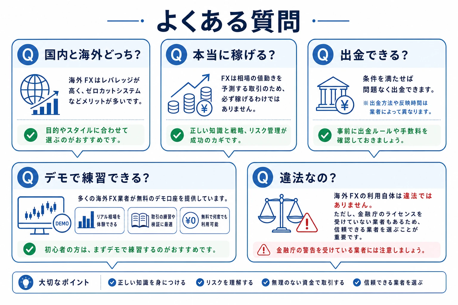 バイナリーオプションのよくある質問を集めたQ&Aイメージ図(おすすめは国内か海外か・稼げるのか・出金・デモ・違法性など)。2026年7月時点