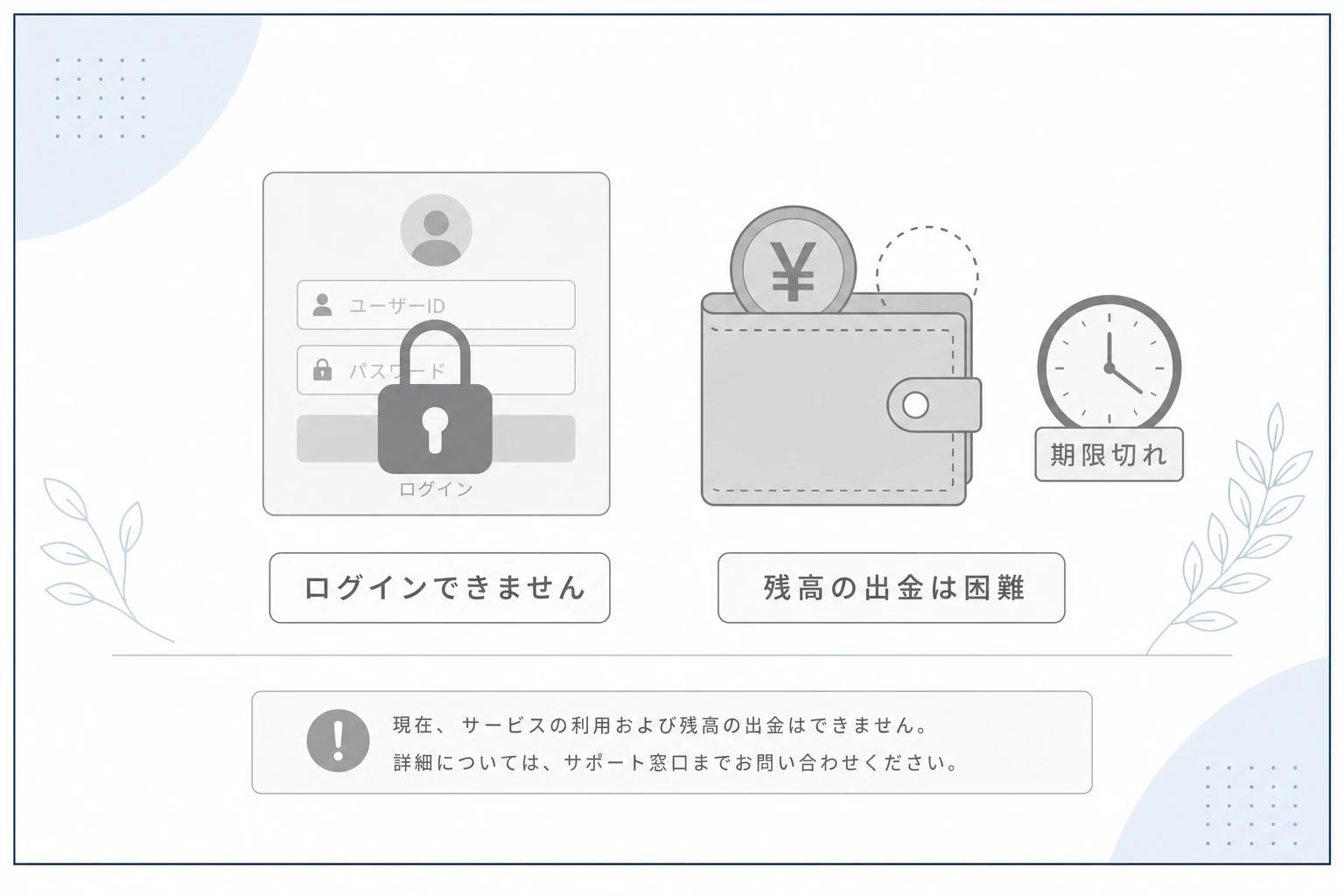 サービス終了で口座へのログインができず、期限を過ぎた残高の出金が難しくなったことを示す概念図