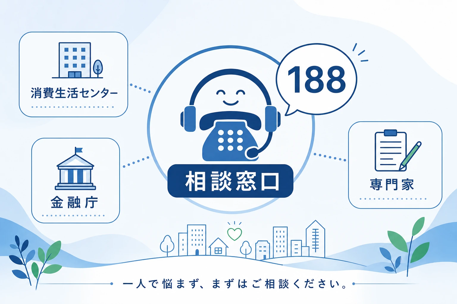 出金トラブルや不審な勧誘で困ったときに、消費者ホットライン188や消費生活センターなど公的な窓口へ相談できることを示した概念図