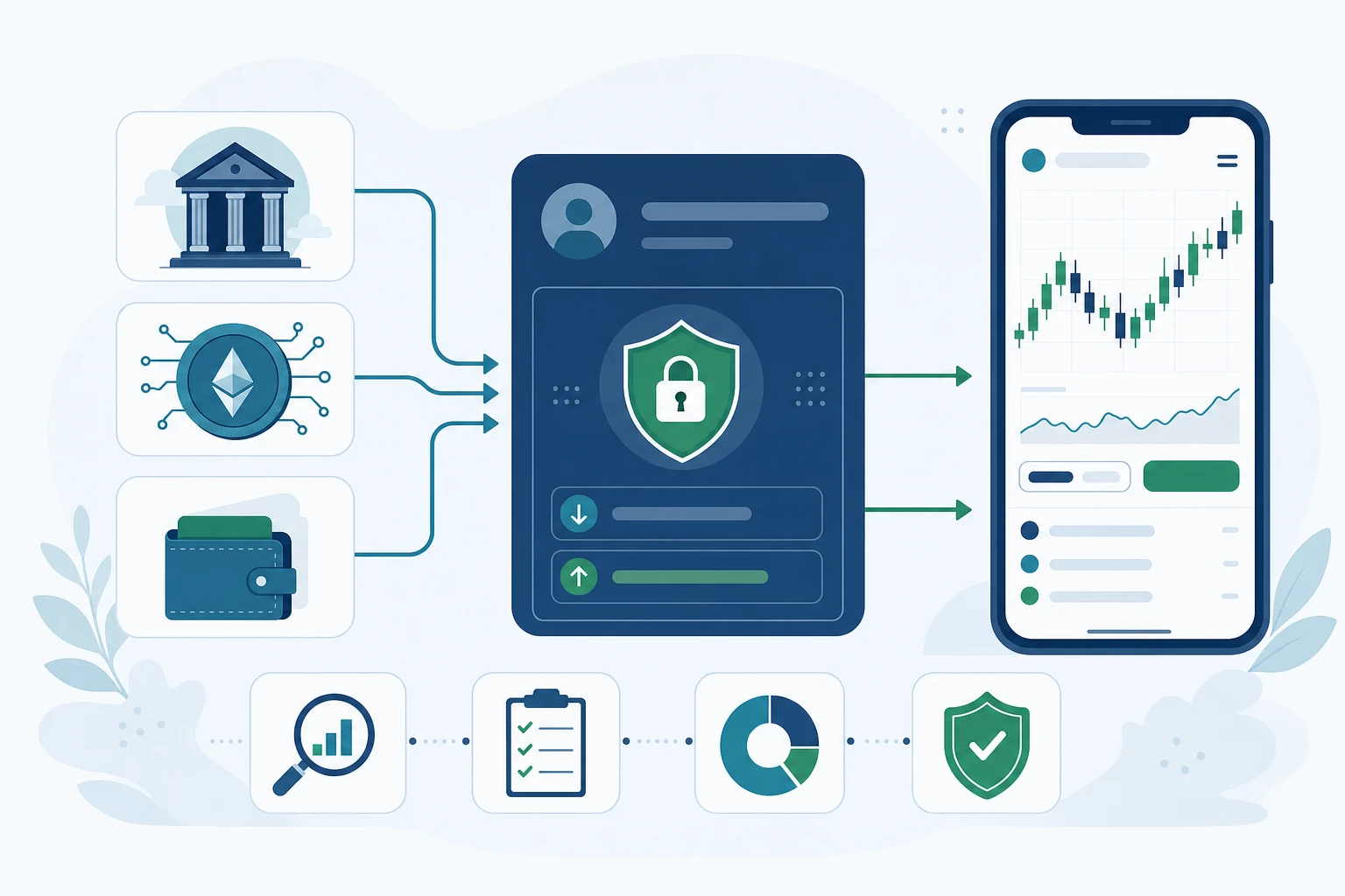 入出金の概念図：銀行・仮想通貨・オンラインウォレットの3経路が1つの口座に集約される流れ