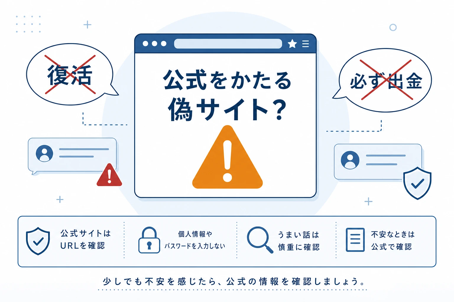 公式をかたる偽サイトや「復活」をうたう詐欺的な勧誘に注意することを示す概念図