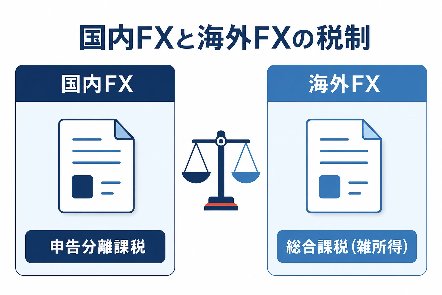 国内FXは申告分離課税、海外FXは総合課税(雑所得)という課税方式の違いを示した図