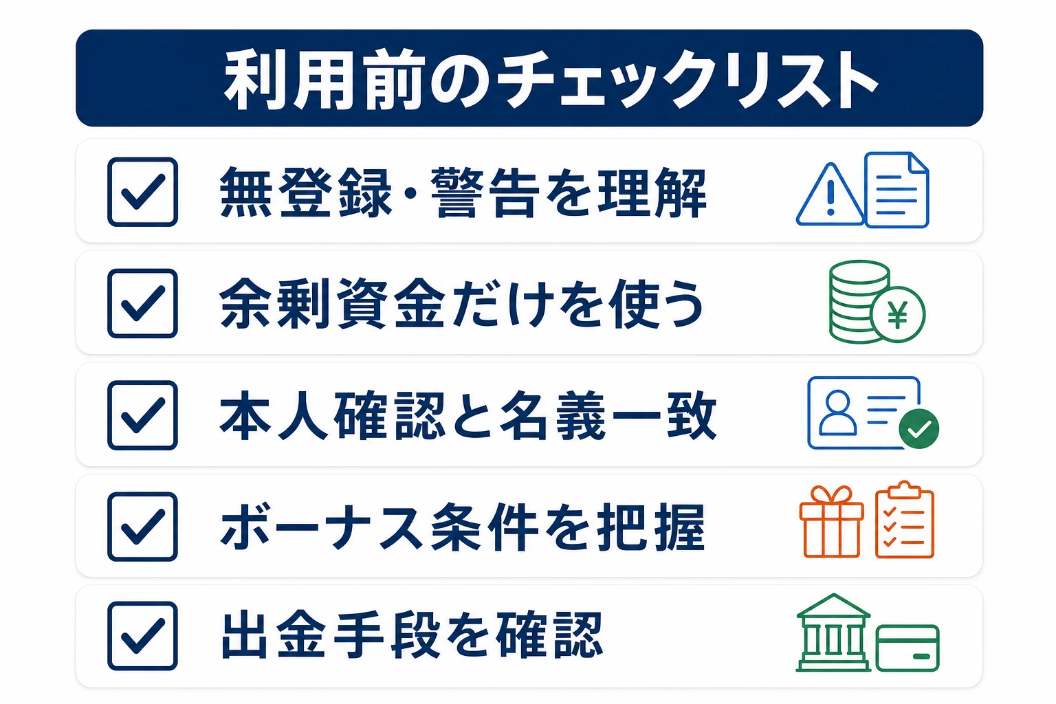 ゼントレーダーを使う前のチェックリスト図。無登録・警告済みである前提の理解・余剰資金の確認・本人確認と名義一致・ボーナス条件の把握・出金手段の確認という項目を整理