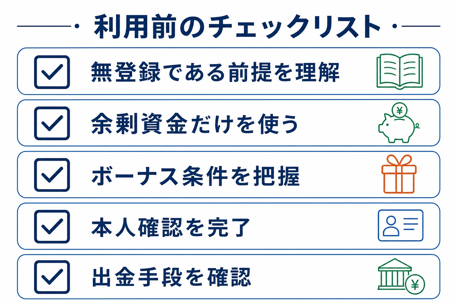 ファイブスターマーケッツを使う前のチェックリスト図。無登録である前提の理解・余剰資金の確認・ボーナス条件の把握・本人確認の完了・出金手段の確認という項目を整理