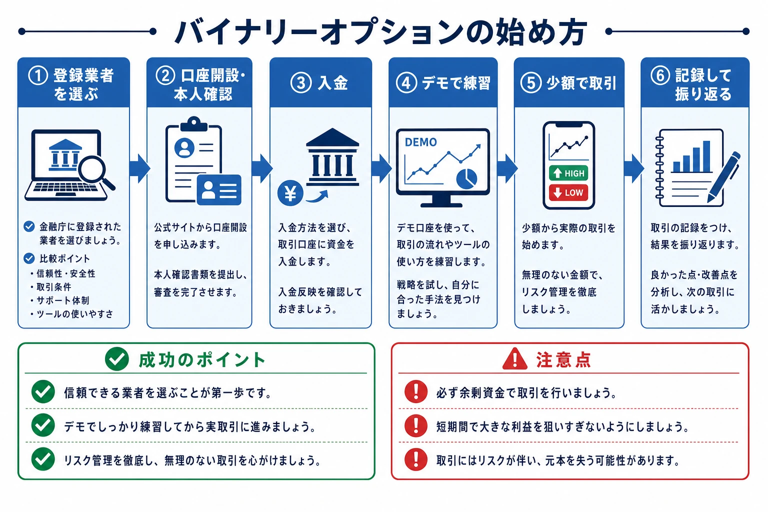 バイナリーオプションの始め方の流れを示すフロー図:①登録業者を選ぶ→②口座開設・本人確認→③入金→④デモで練習→⑤少額で取引→⑥記録して振り返る。2026年7月時点