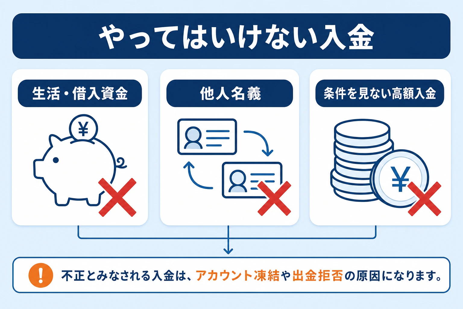 やってはいけない入金（生活・借入資金／他人名義／条件を理解しない高額入金）