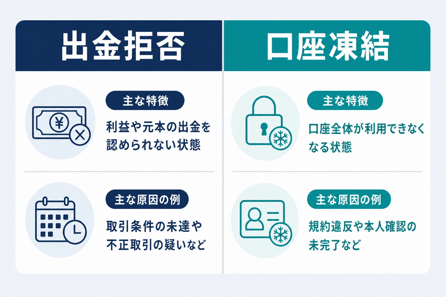 出金拒否と口座凍結の違いを2列で比較した図