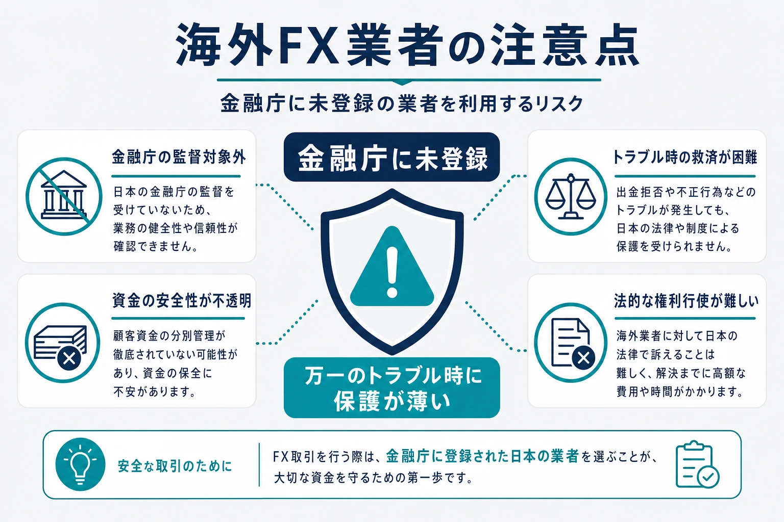 ザオプションが金融庁に未登録の海外業者であり、トラブル時の保護が薄いことを示した図