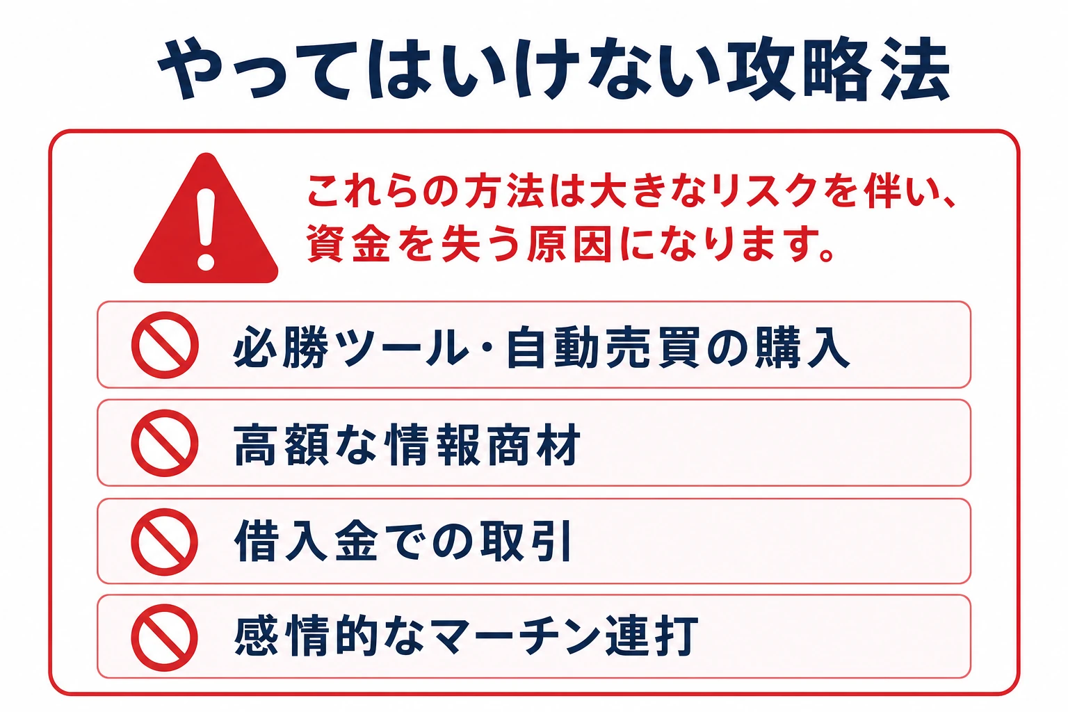 やってはいけない攻略法(必勝ツール・情報商材・借入金・感情的なマーチン連打)を示す図