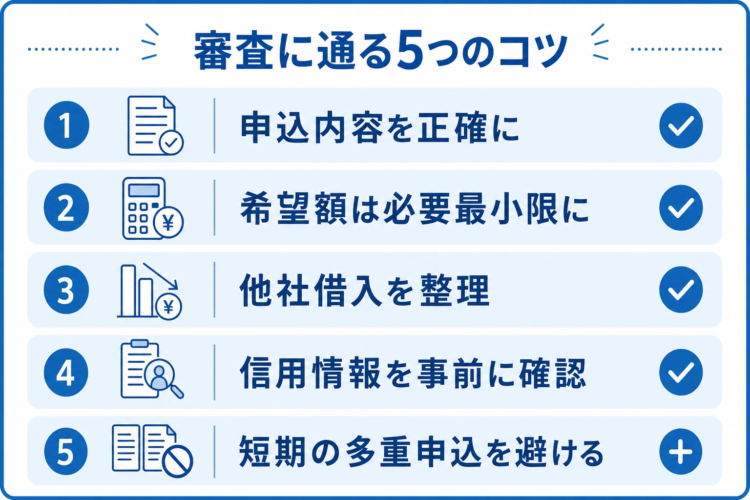 セントラルの審査に通るための5つの準備ポイントを示した図。申込内容を正確に・希望額は必要最小限に・他社借入を整理・信用情報を事前確認・短期の多重申込を避ける、の5項目をアイコン付きで整理
