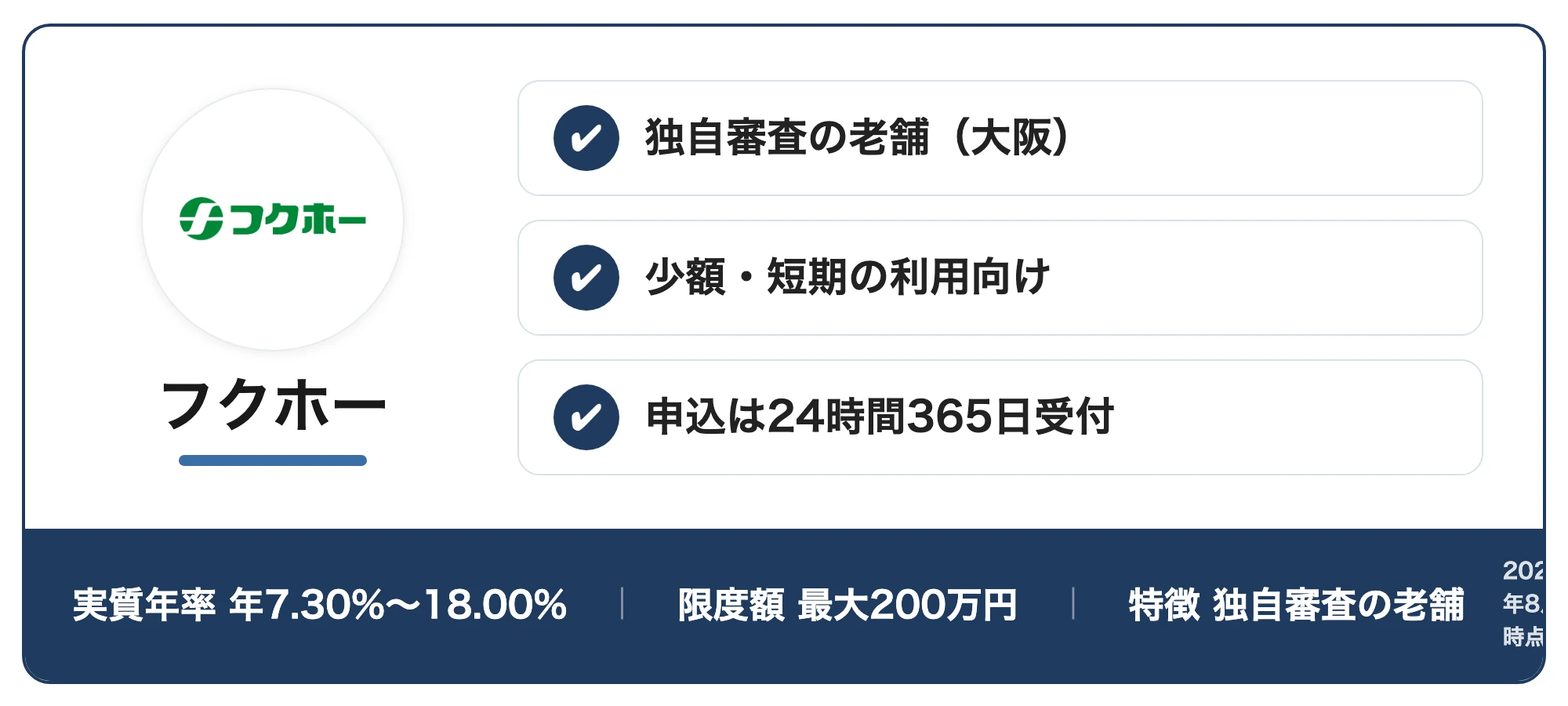 フクホーの紹介カード：独自審査の老舗（大阪）・少額・短期の利用向け・申込は24時間365日受付（実質年率年7.30%〜18.00%・限度額最大200万円・特徴独自審査の老舗、2026年8月時点）