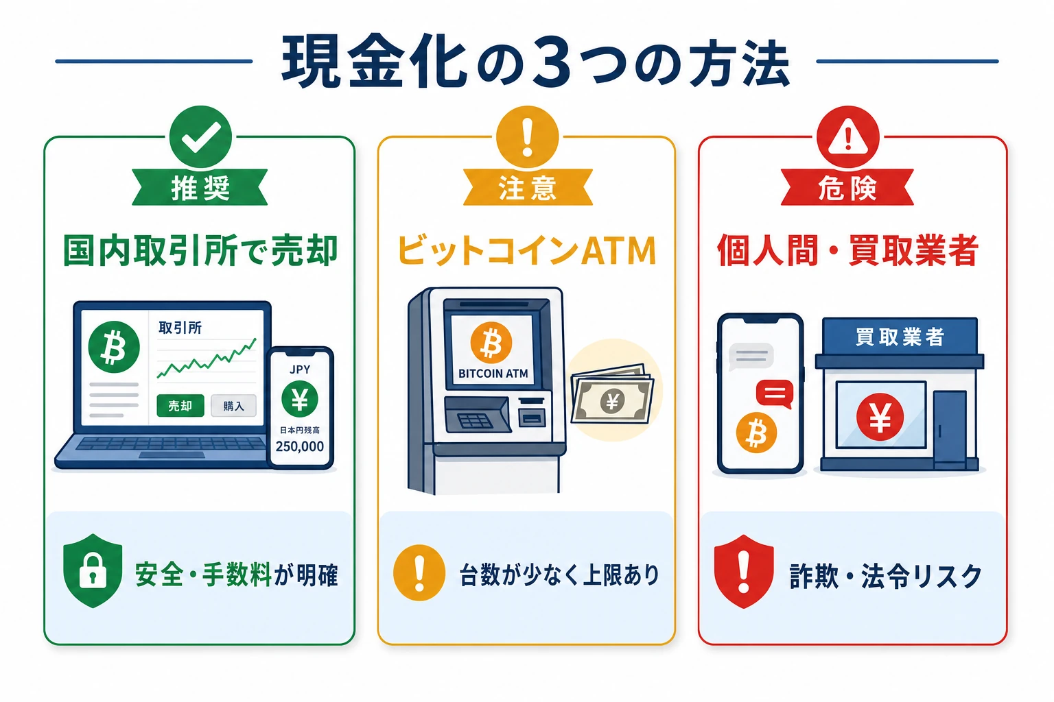 国内取引所での売却・ビットコインATM・個人間や買取業者という3つの現金化方法を安全度で色分けした比較図