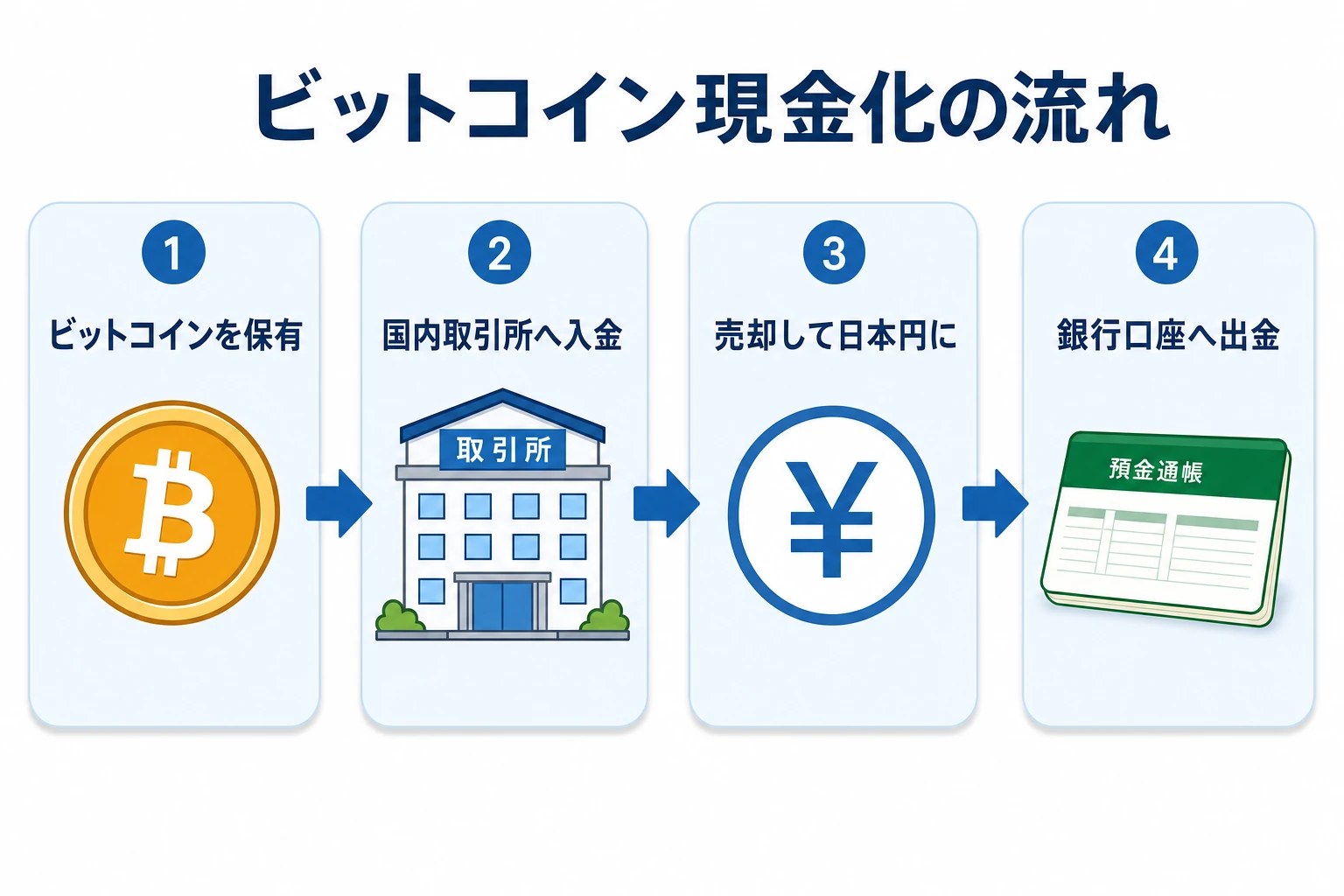 ビットコイン保有から国内取引所への入金・売却・日本円出金・銀行着金までの現金化の流れ図