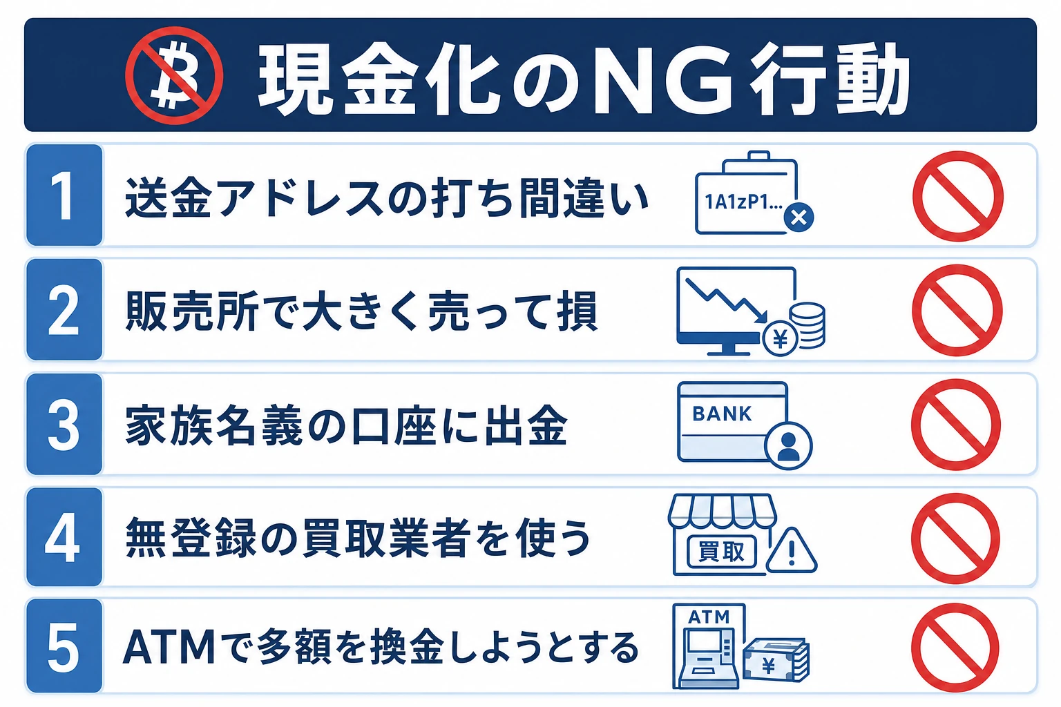 送金アドレスの打ち間違い・販売所で大きく売って損・他人名義口座への出金・無登録業者の利用・ATMでの多額換金という5つのNG行動を示した図