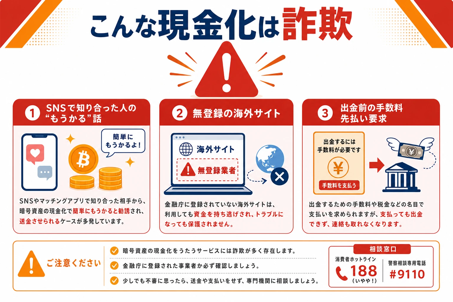 SNSで知り合った人のもうかる話・無登録の海外サイト・出金前の手数料先払い要求という現金化詐欺の手口を警告する図