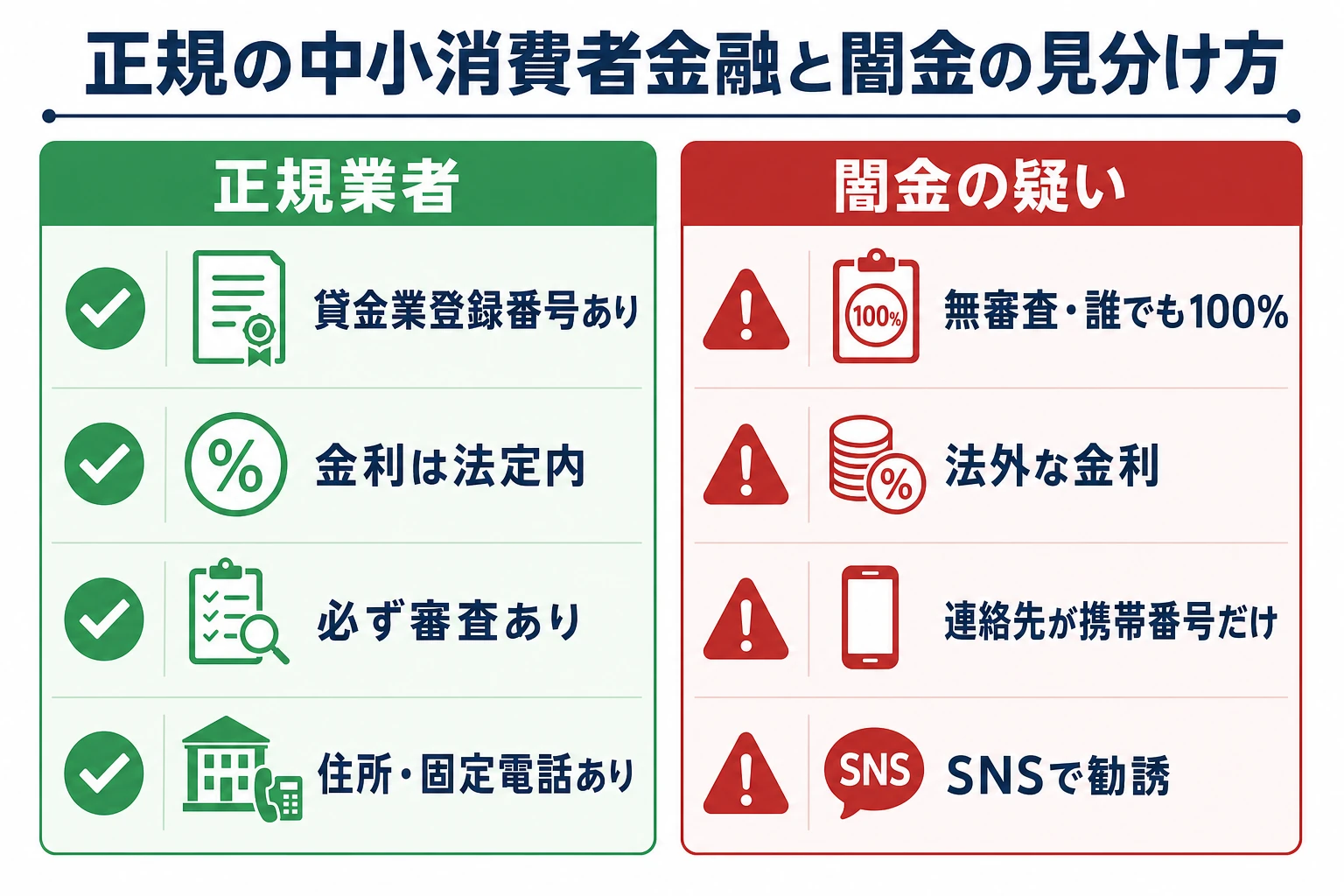 正規の中小消費者金融と闇金の見分け方を整理した図。登録番号の有無、金利が法定内か、在籍確認や審査があるか、連絡先が携帯番号だけでないか、といったチェックポイント